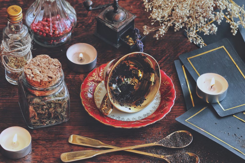 Tea cup with tea leaves